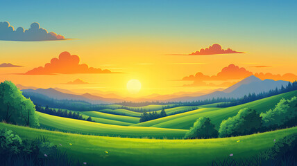 Wall Mural - beautiful country background with summer fields, rolling green hills, and a sunny blue sky