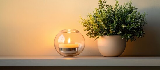 Wall Mural - Glass candle holder and potted green plant on minimalist white shelf with warm light background and empty space for text in home decor setting