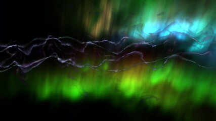 Fototapete - A vibrant abstract design featuring glowing neon waveforms in blue and purple, interlaced with green energy-like patterns against a dark background.