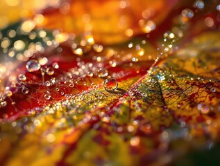 Fototapete - a close-up of a colorful leaf with water droplets on it. The leaf has a vibrant mix of red, orange, and green hues, and the water droplets create a sparkling effect.