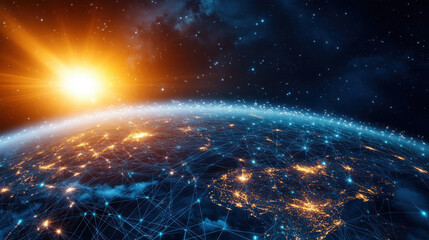 Wall Mural - stunning digital representation of earth with glowing connections and bright sun