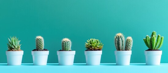 Sticker - Minimalist green cacti in white pots arranged on vibrant turquoise background with ample copy space for text, perfect for creative designs and projects