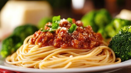 Spaghetti with meat sauce garnished with herbs served alongside steamed broccoli on a white plate with blurred background and copy space