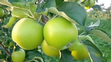 Sticker - Ripe green apples on tree branches in a sunlit orchard showcasing the beauty of nature at dawn with selective focus details