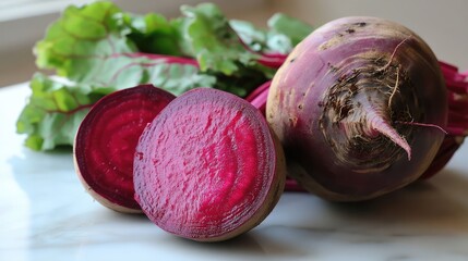 Wall Mural - Freshly harvested beetroot with green leaves displayed on marble surface, sliced beet showing vibrant purple interior, Copy Space