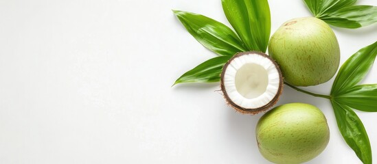 Sticker - Fresh Green Coconuts and Vibrant Green Leaves Isolated on Clean White Background with Ample Copy Space for Advertising or Design Use