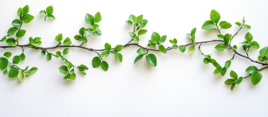 Sticker - Lush green leaves on a slender green branch arranged horizontally on a bright white background with ample copy space for text or design.