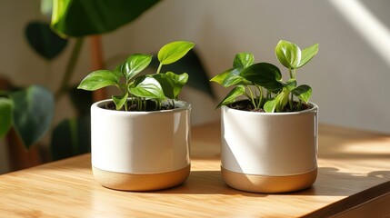 Poster - Potted green plants in modern ceramic pots with sunlight highlighting their leaves and copy space on wooden table surface