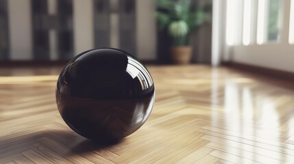 Poster - Black reflective sphere positioned on polished wooden floor in modern interior space with natural light and plant in background. Copy Space.