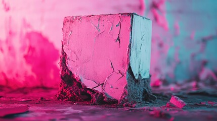 Poster - Abstract close-up of a cracked concrete cube with vibrant pink and blue lighting on a textured surface with copy space.