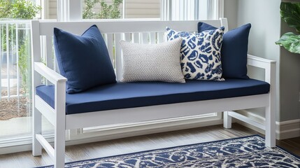 Poster - Modern white wooden bench with navy blue cushions and decorative pillows, interior design with natural light and plants, Copy Space available.