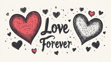 hand-drawn illustration of two hearts with 'love forever' text, representing romantic love and relat