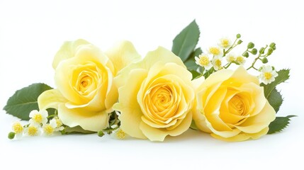 Sticker - Yellow roses with green leaves and white flowers arranged on a white background with copy space.