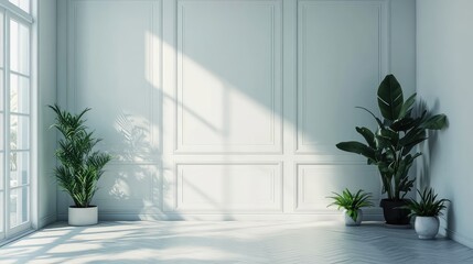 Poster - Modern interior empty room with large windows natural light shadows and indoor plants Copy Space