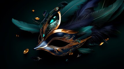 Elegant teal and gold masquerade mask with feathers.  Party invitation design