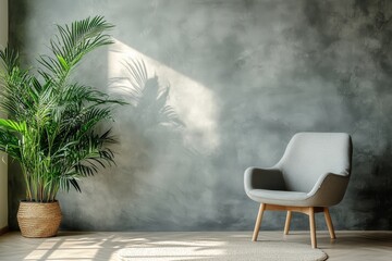 Poster - Cozy orange chair beside a green plant in a softly lit room with warm shadows