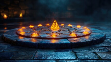 Mystic fire ritual circle, ancient temple, glowing symbol