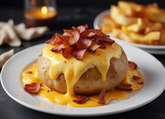 Wall Mural - Baked swiss potato on a white plate with melted cheddar cheese, crispy bacon, and flaky salt against a dark background, golden brown, kitchen