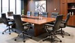 © Lena - modern conference room with mocha mousse wood table and black leather chairs in professional office setting
