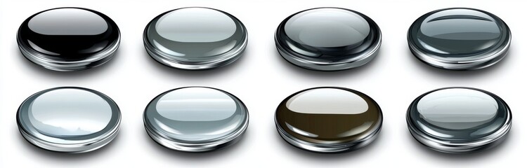 A collection of gray buttons with shiny, isolated icons that include metallic chrome details, designed in a contemporary style.