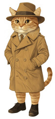 Canvas Print - PNG Cat in a classic detective trench coat and fedora animal cat hat.