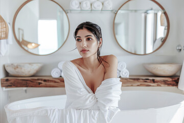 Wall Mural - A woman is sitting in a bathtub with a white robe on. She is looking at the camera with a serious expression. The bathroom is decorated with white towels and has a mirror above the bathtub