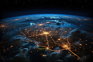 Wall Mural - Futuristic city aerial view at night. Structure of sci-fi metropolis with neon lights from the bird view