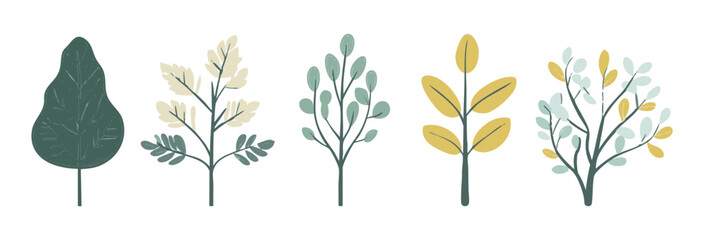 Set of tree and leaf collection hand drawn flat design vector element. botanical set of bare trees and ones with leaves and lush green