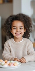 Wall Mural - A young girl is sitting at a table with a plate of pastries in front of her. She is smiling and she is enjoying her snack