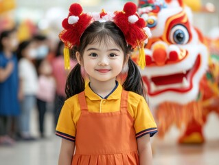 Young girl in festive attire smiling joyfully during a Chinese New Year celebration with a colorful lion dance in the background.