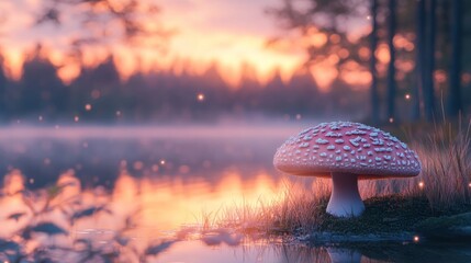 Wall Mural - Glowing mushroom rising from the forest floor reflected in the still waters of a peaceful pond at sunset  The warm golden light illuminates the serene