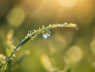 Fototapete - a close-up view of a dew drop on a blade of grass, with a blurred background that suggests a natural outdoor setting and sunlight shining through.