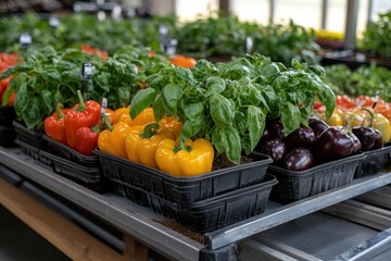 A stunning display of colorful bell peppers, fresh basil, and eggplants arranged in trays, showcasing gardening at its best in a bright greenhouse.