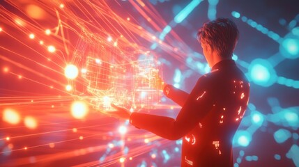 Businessperson manipulating digital globe, futuristic network background, data visualization