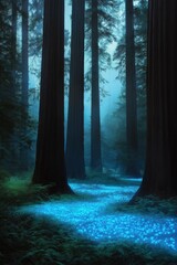 Wall Mural - A forest with trees lit up in blue. The blue light is shining on the ground, creating a magical atmosphere