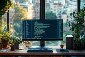 a modern workspace setting with a computer monitor displaying coding, a keyboard, mouse on a wooden 