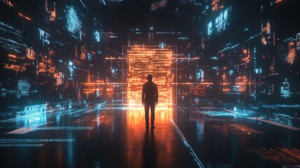 Man facing digital data portal, futuristic space, glowing code background, tech concept
