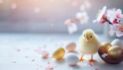 Delightful scene of a yellow chick surrounded by colorful eggs and blossoms in a spring atmosphere