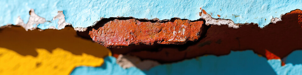 Wall Mural - Close-up of Weathered Wall with Chipped Paint and Exposed Brick