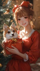 A cheerful young woman in red holding a dog and a gift, celebrating the holiday season.