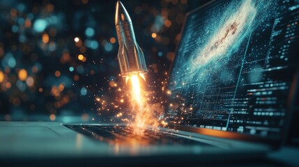 Laptop Rocket Launch, Digital Startup, Bokeh Background