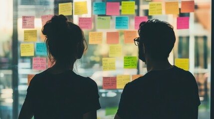Wall Mural - a manager and employee brainstorming solutions for improved robotics efficiency during a workshop me