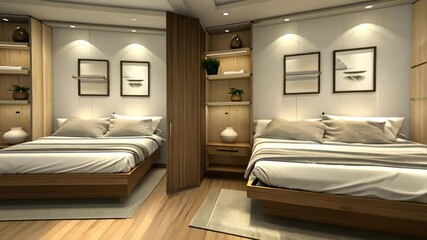 Aufkleber - Cozy Modern Bedroom Design with Wooden Furniture, Soft Lighting, and Stylish Decor for Relaxing Interior Atmosphere
