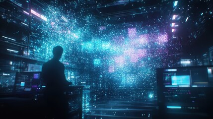 Futuristic cyberspace server room with programmer working on computer and digital data flowing, concept of big data, information technology, metaverse and cybersecurity