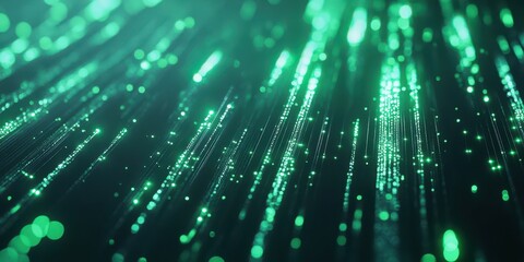 abstract green glowing vertical lines on a black background with bokeh lights, a data technology and