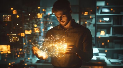 Man examining digital network, office, night