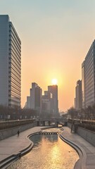 Wall Mural - Seoul South Korea time lapse sunrise city skyline at Cheonggyecheon Stream (Vertical)