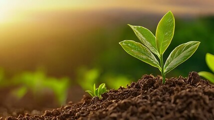 Wall Mural - Small green plant growing from soil with sunlight and blurred background of other plants