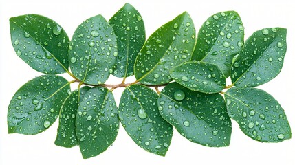 Wall Mural - Fresh green leaves with water droplets on a white background nature botanical close up