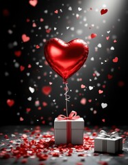 Wall Mural - Heart balloon with gift boxes and confetti on dark background